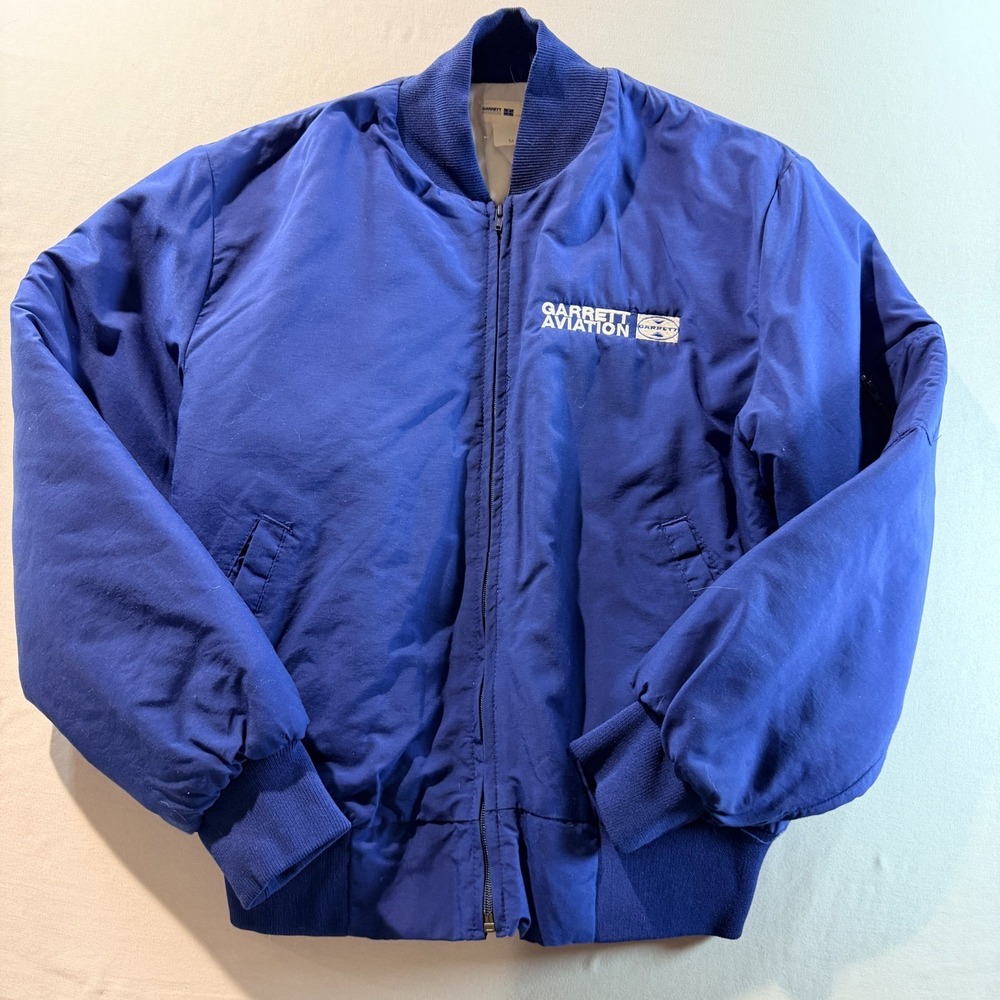 Vintage‎ Garrett Aviation Bomber Jacket Blue Insulated Zip Up Mens Medium